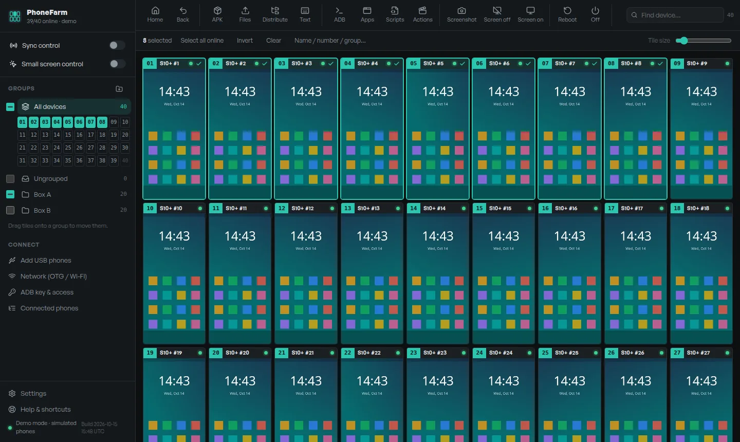 PhoneFarm showing live screens of 40 numbered Android phones, with the number pad, groups and sync switches in the sidebar and the batch toolbar on top
