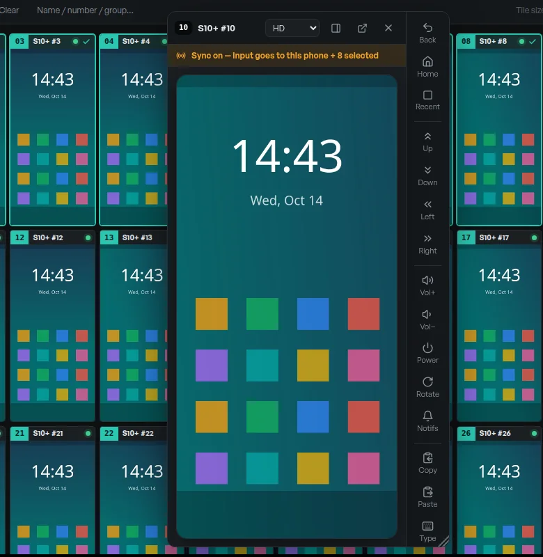 PhoneFarm floating main screen for phone 10 with the control bar, while sync control mirrors input to eight selected phones